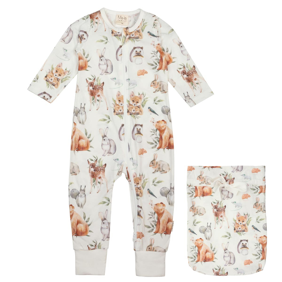Metsäneläimet-pyjama vauvalle, luonnonvalkoinen