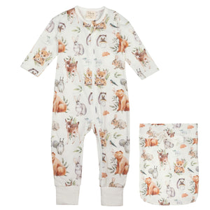 Metsäneläimet-pyjama vauvalle, luonnonvalkoinen